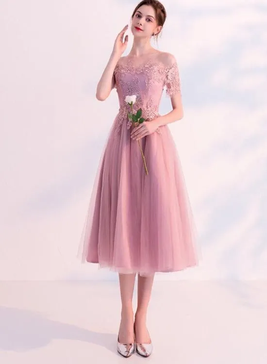 Pink Short Tulle with Lace Off Shoulder Wedding Party Dresses, Pink Short Formal Dress