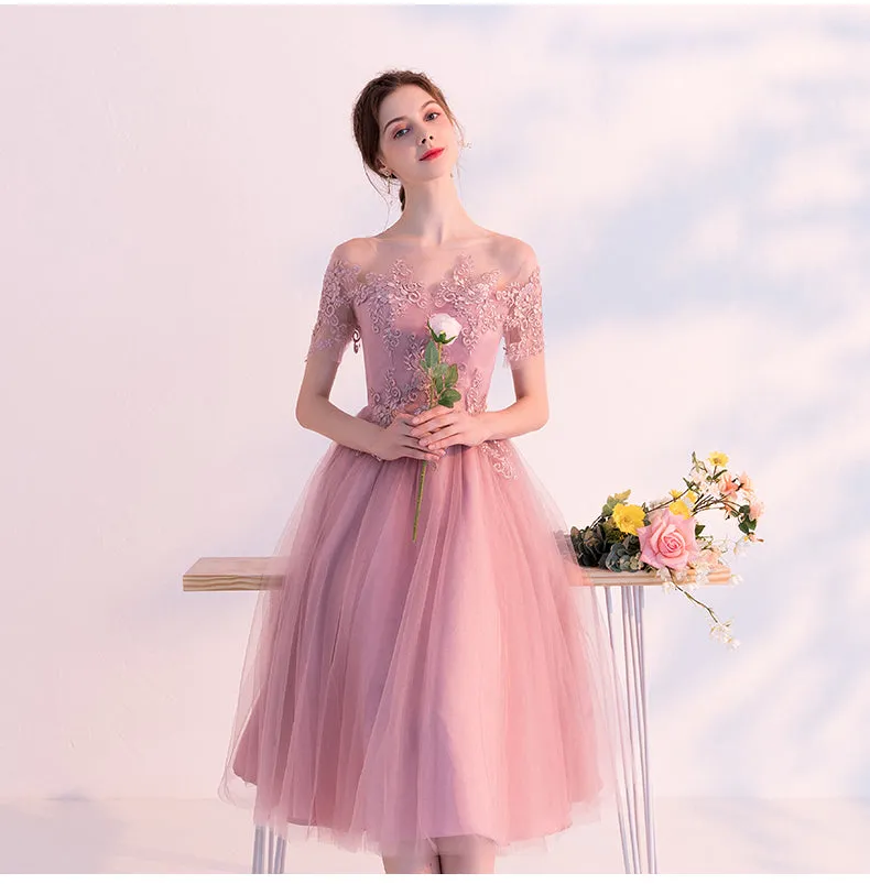 Pink Short Tulle with Lace Off Shoulder Wedding Party Dresses, Pink Short Formal Dress