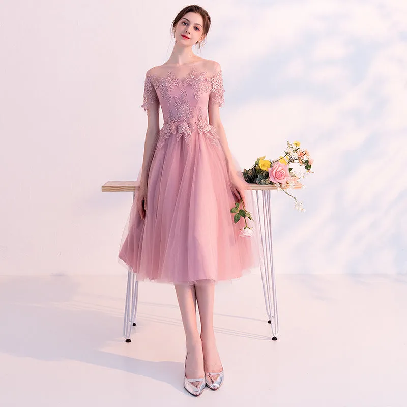 Pink Short Tulle with Lace Off Shoulder Wedding Party Dresses, Pink Short Formal Dress