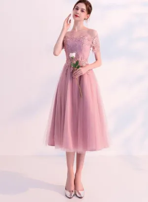 Pink Short Tulle with Lace Off Shoulder Wedding Party Dresses, Pink Short Formal Dress