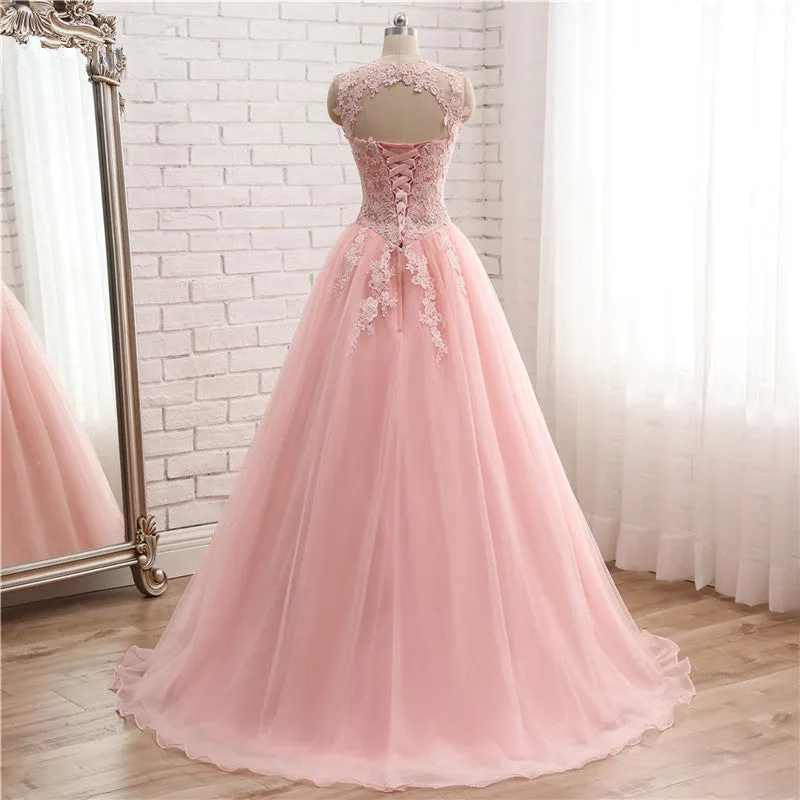 Pink Tulle with Lace Applique Ball Gown Open Back Evening Gown, Pink Formal Dress