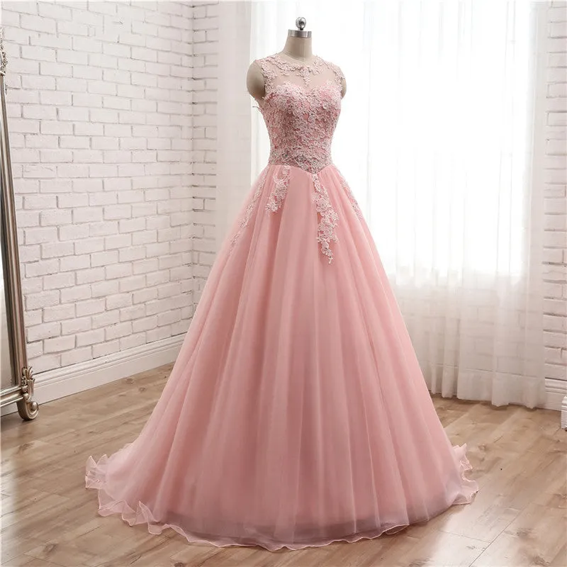 Pink Tulle with Lace Applique Ball Gown Open Back Evening Gown, Pink Formal Dress