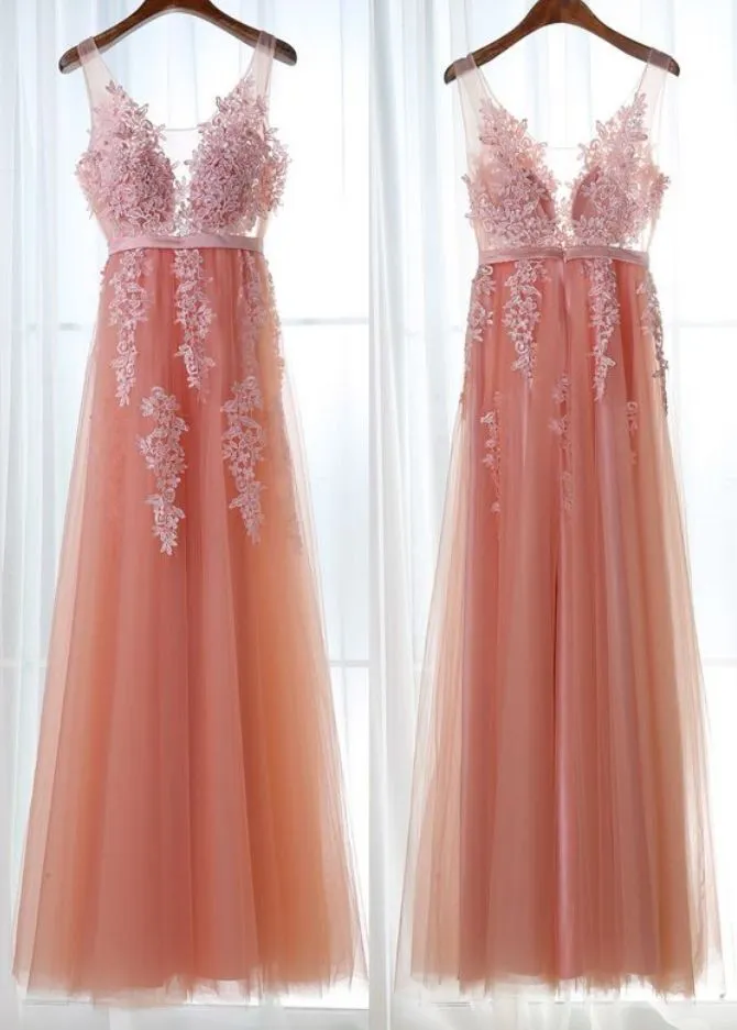 Pink V-neckline Tulle with Lace Applique New Formal Gown, Pink Party Gown