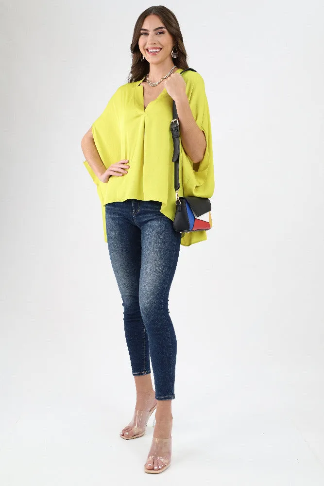 Poly Silk Double Notched Caftan Top - Chartruse
