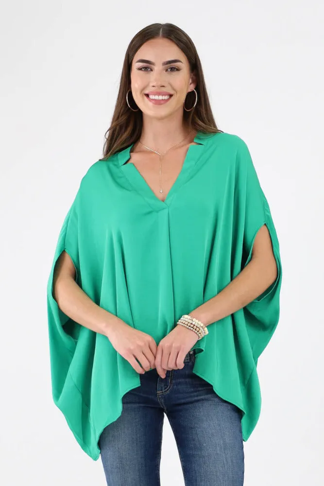 Poly Silk Double Notched Caftan Top - Chartruse