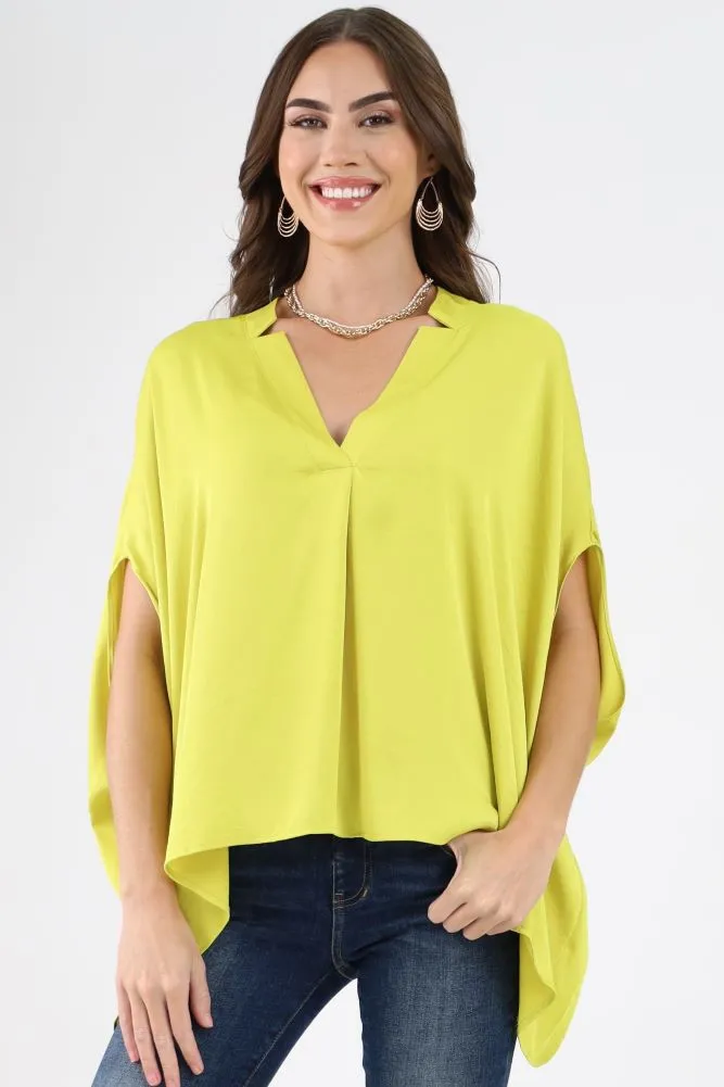 Poly Silk Double Notched Caftan Top - Chartruse