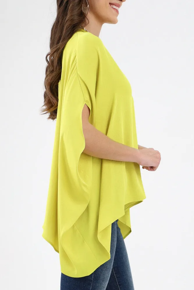 Poly Silk Double Notched Caftan Top - Chartruse