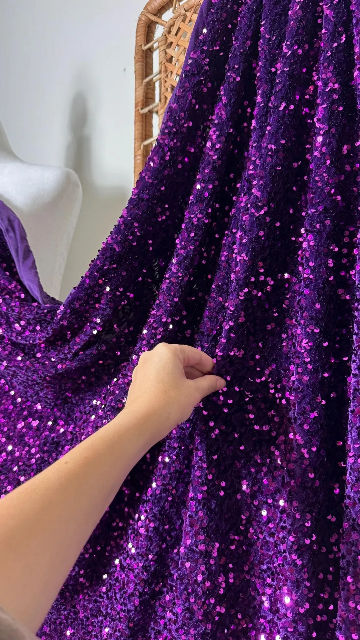 Purple Sequins on Stretch Velvet Fabric, Luxury Violet Sequined Fabric by the yard for Dresses Gowns, Bows, Premium Quality Lowest Price