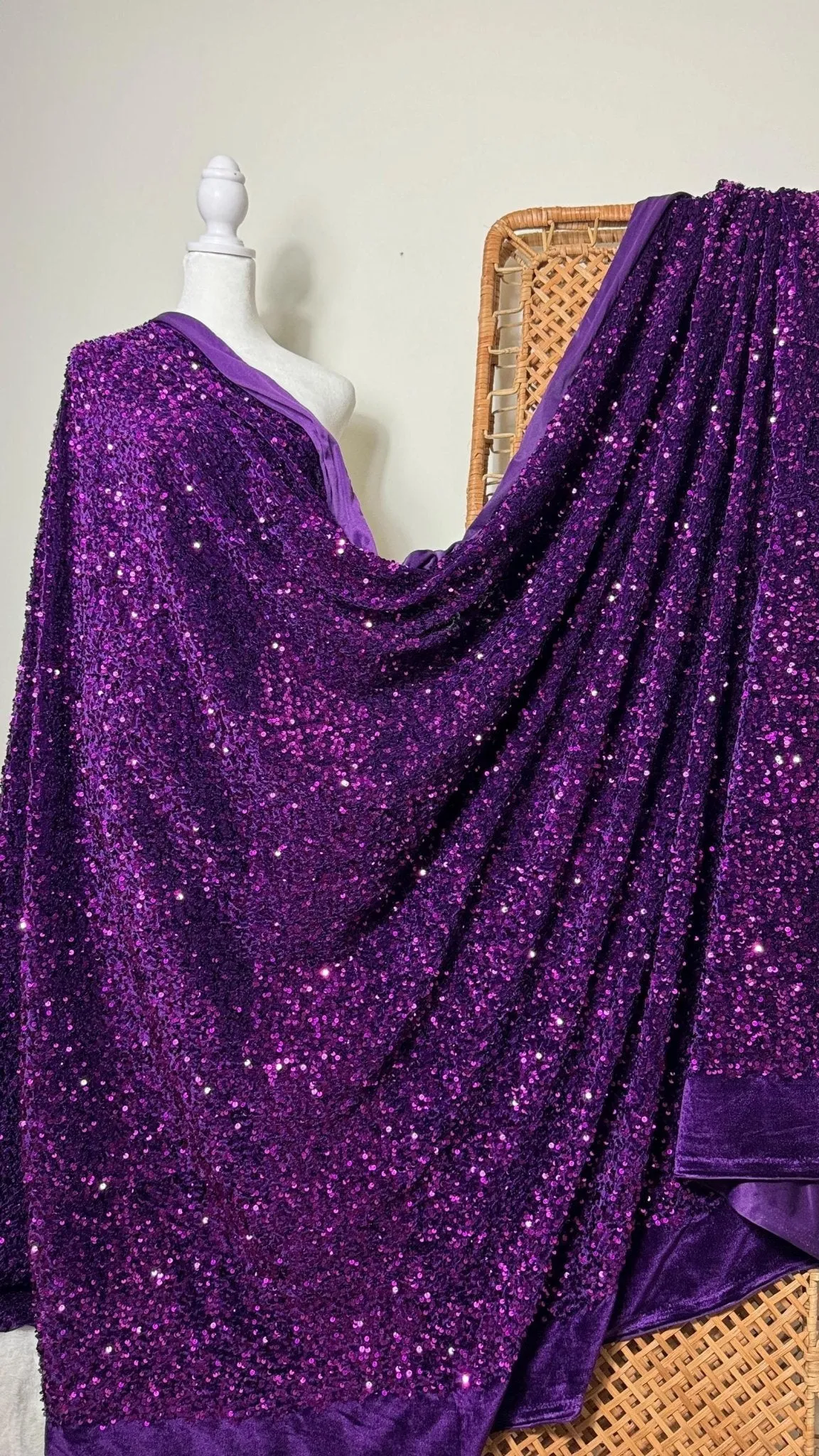 Purple Sequins on Stretch Velvet Fabric, Luxury Violet Sequined Fabric by the yard for Dresses Gowns, Bows, Premium Quality Lowest Price