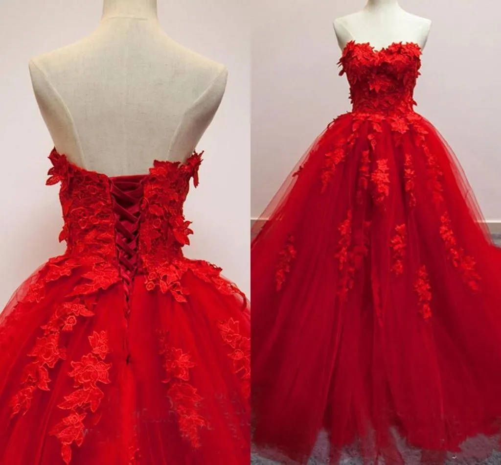 Red Gorgeous Floor Length Gowns, Handmade Floral Lace Applique Party Dresses, Prom Dresses