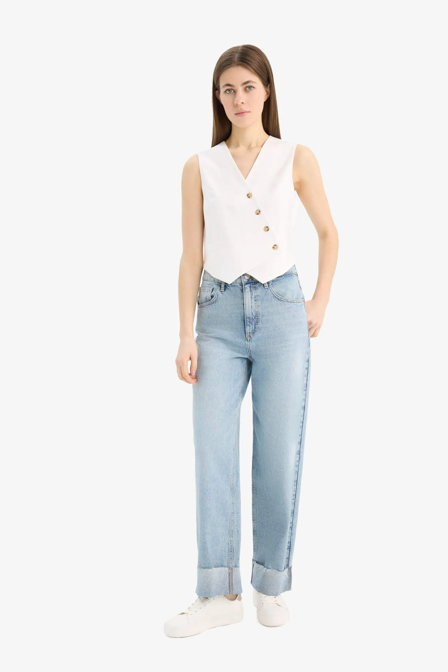 Regular Fit V Neck Cross Button Tencel Blazer Vest