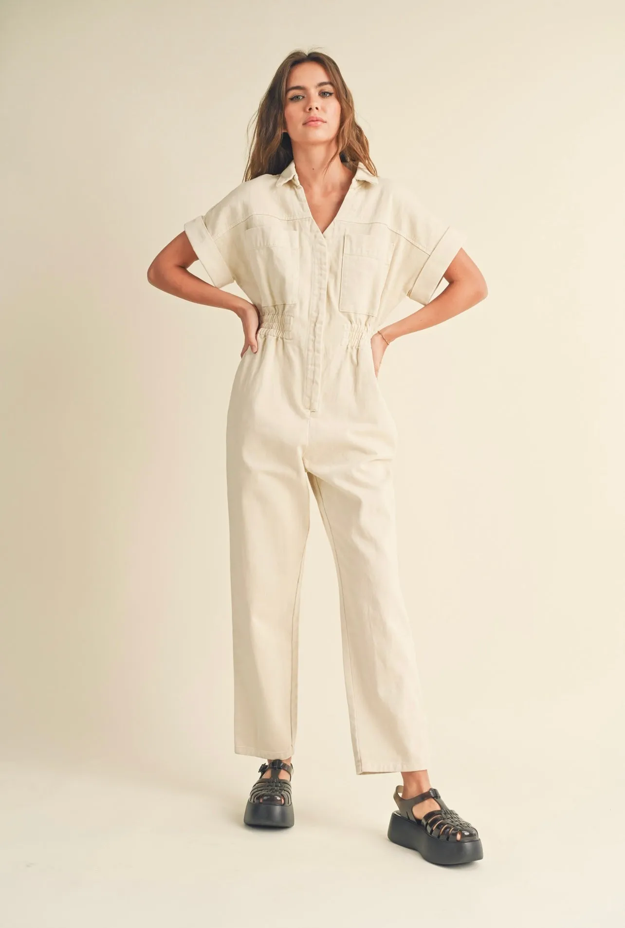 Savannah Denim Jumpsuit (Cream)