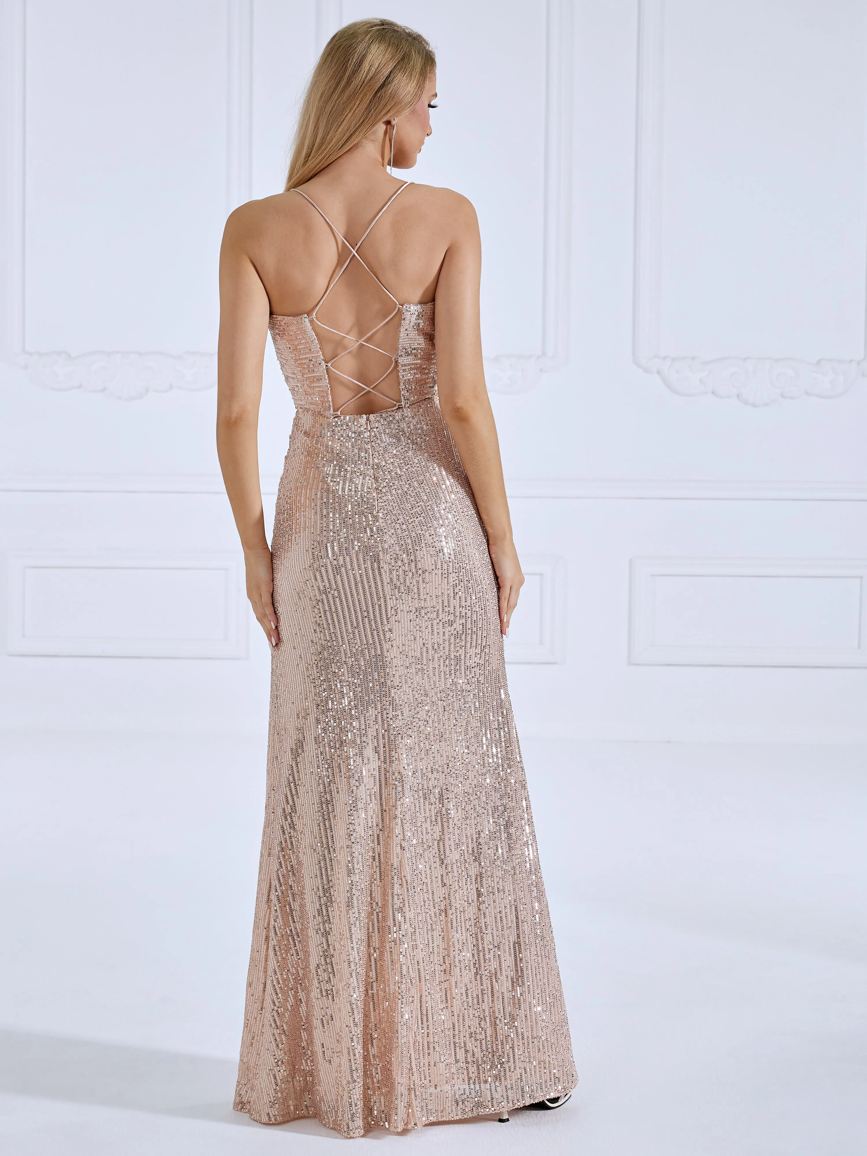 Sequin Draped-Neck High-Slit Prom Gown #22142