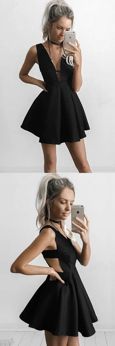 Sexy Black V-neck Sleeveless Short Prom Dress, Cheap Homecoming Dress, SH95