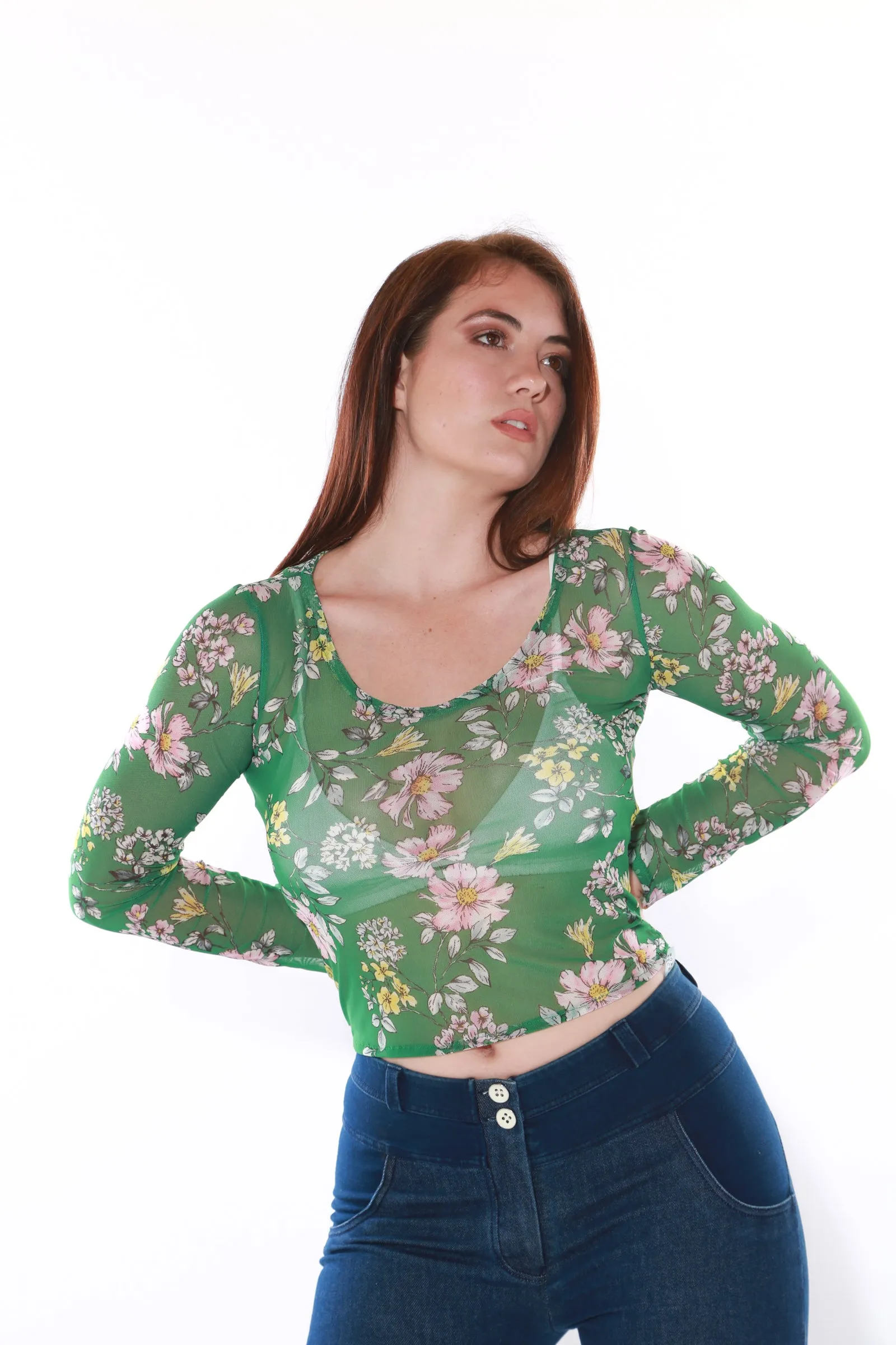 Sheer Mesh top Long Sleeve - Green Floral