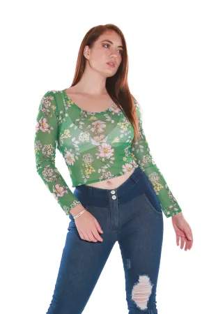Sheer Mesh top Long Sleeve - Green Floral