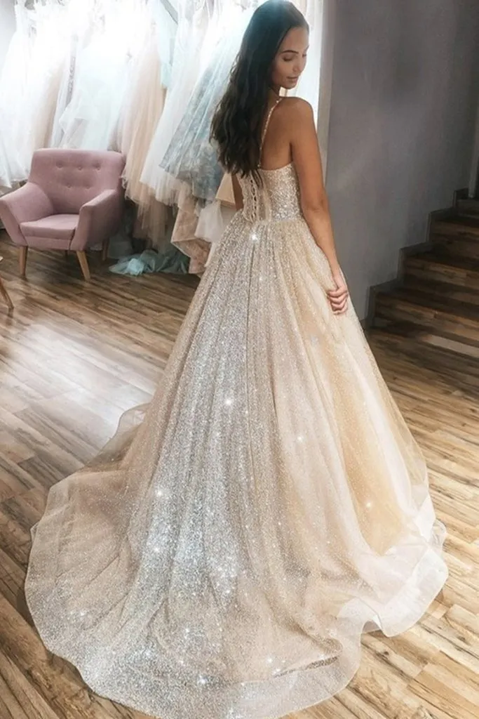 Shiny Champagne Long Prom Dress With Sequins, Evening Dress CMS211158