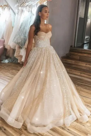 Shiny Champagne Long Prom Dress With Sequins, Evening Dress CMS211158