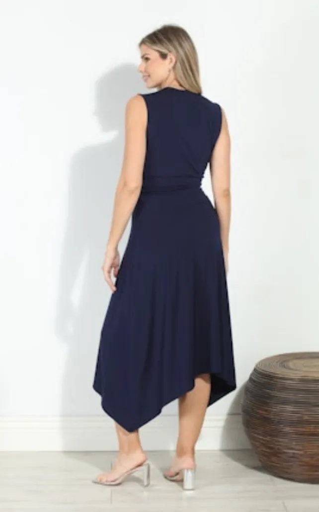Sleeveless Surplice Asymmetrical Midi Dress
