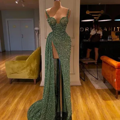 SPAGHETTI-STARPS SHINNING SEQUINS MERMAID PROM DRESS WITH SPLIT M5876