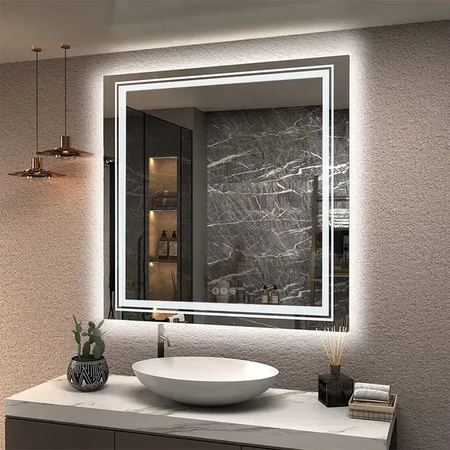 Square Illuminated Bathroom Mirror with Dimmable LED Lights & Anti-Fog