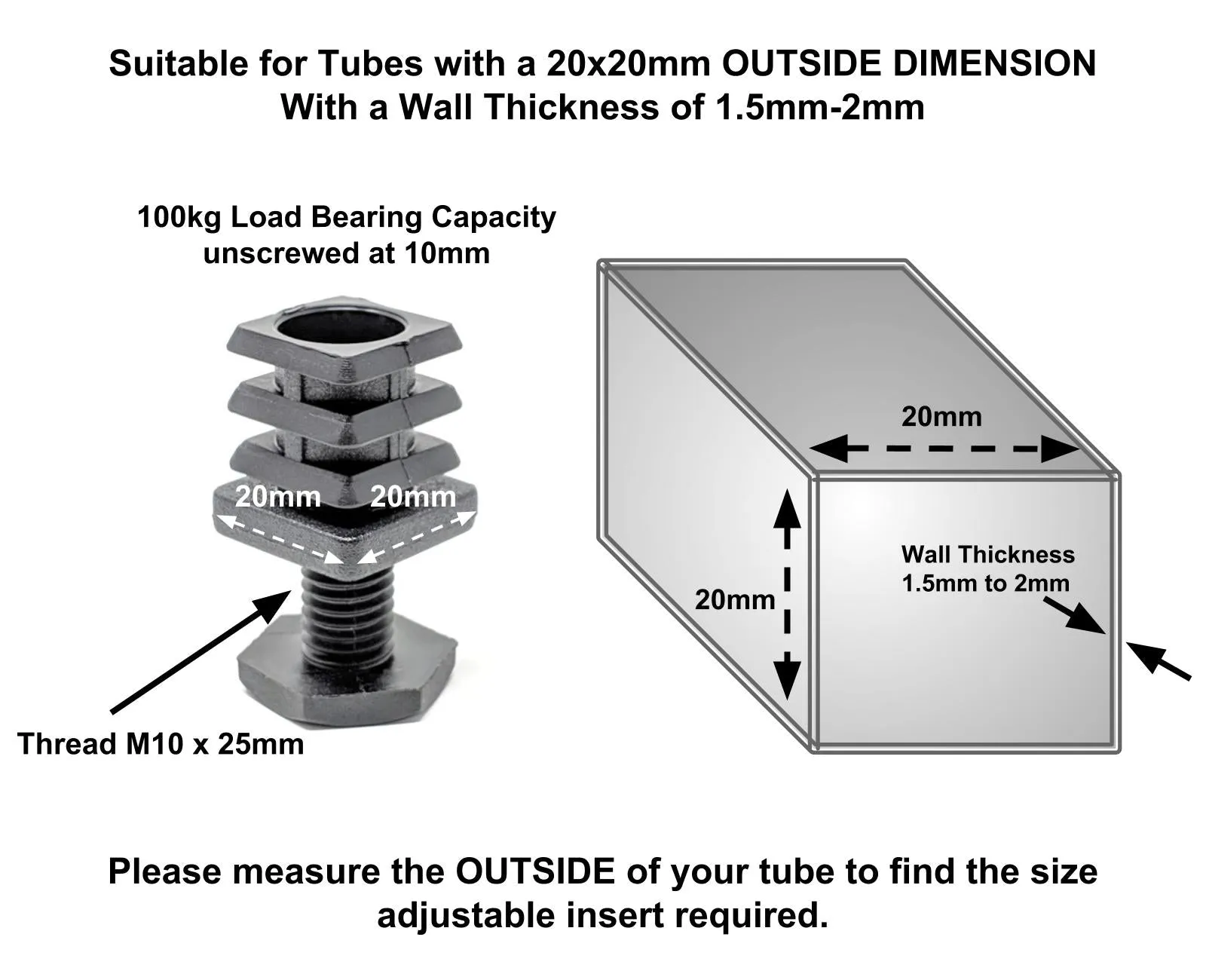 Square Tube Inserts 20mm x 20mm Height Adjustable | Made in Germany | Keay Vital Parts