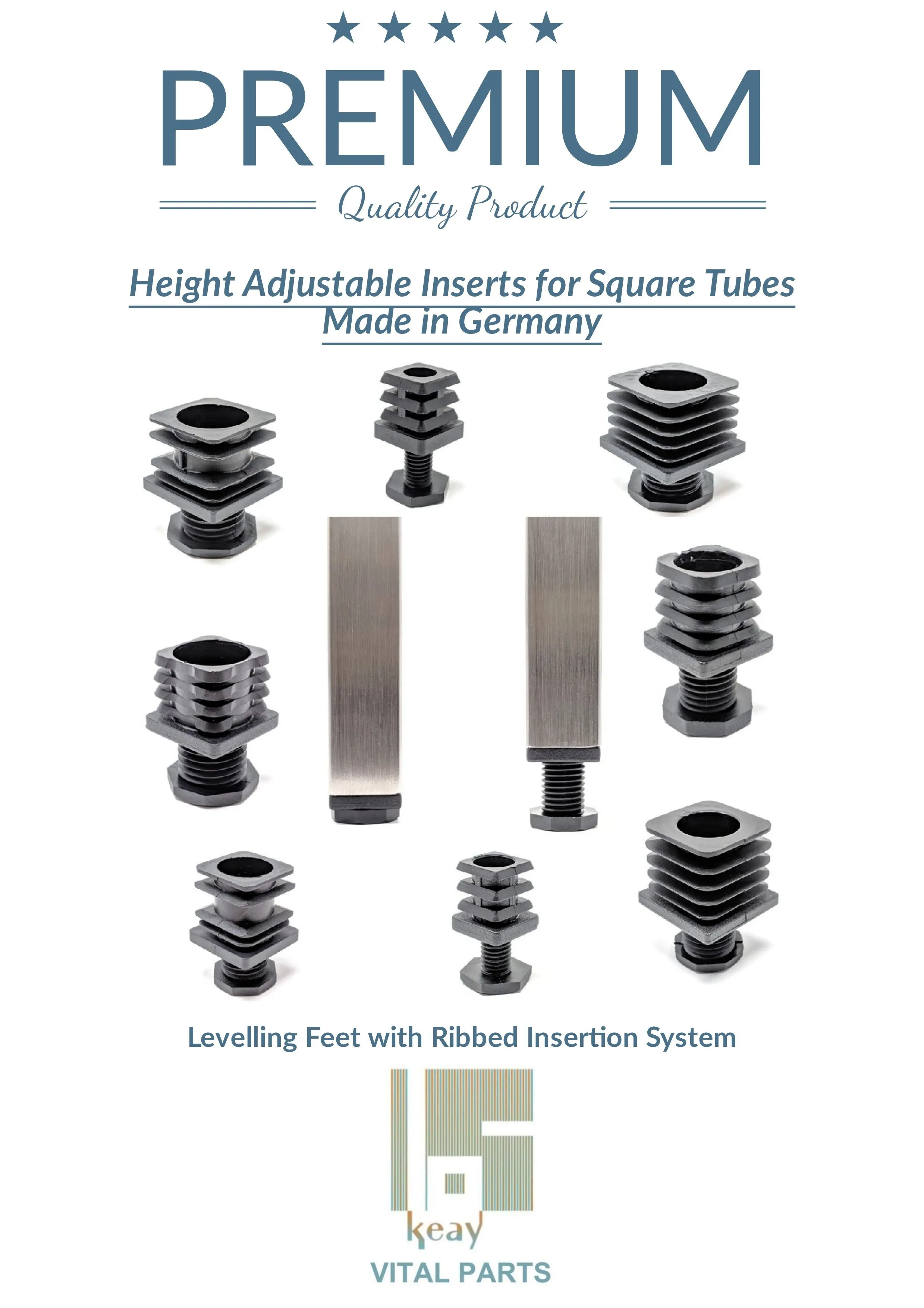 Square Tube Inserts 45mm x 45mm Height Adjustable | Made in Germany | Keay Vital Parts