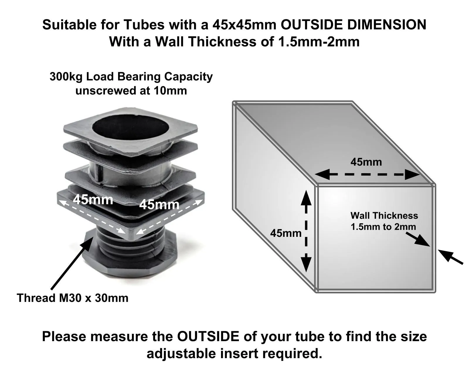 Square Tube Inserts 45mm x 45mm Height Adjustable | Made in Germany | Keay Vital Parts