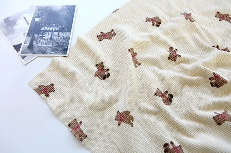 Teddy bear Waffle Fabric Cotton Blend, Honeycomb Fabric, Stretch Fabric, Quality Korean Fabric - Ivory, Beige - By the Yard /52559