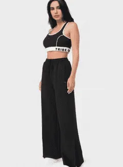 TRIBE OF 6 ANITA RECYCLED STRETCH HIGH WAISTED WIDE LEG TRACK PANT WITH EMBROIDERY