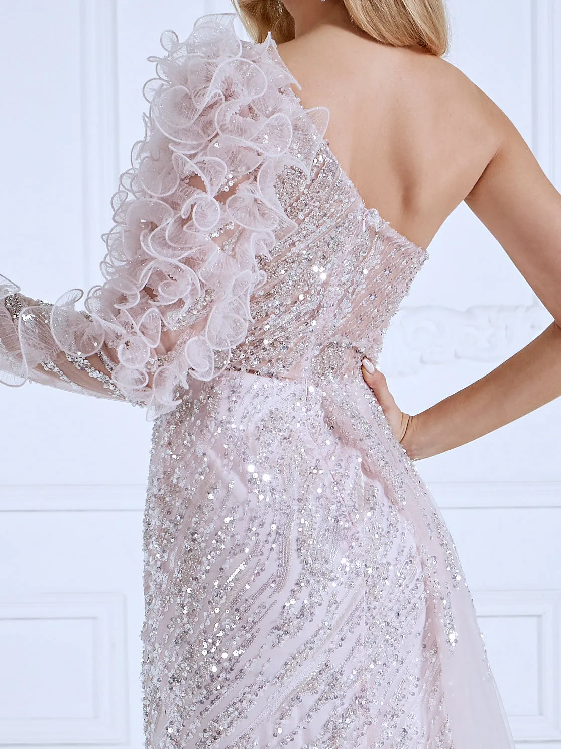 Trumpet/Mermaid One Shoulder Sweep Train Soft Pink Sequin Prom Dresses #18280