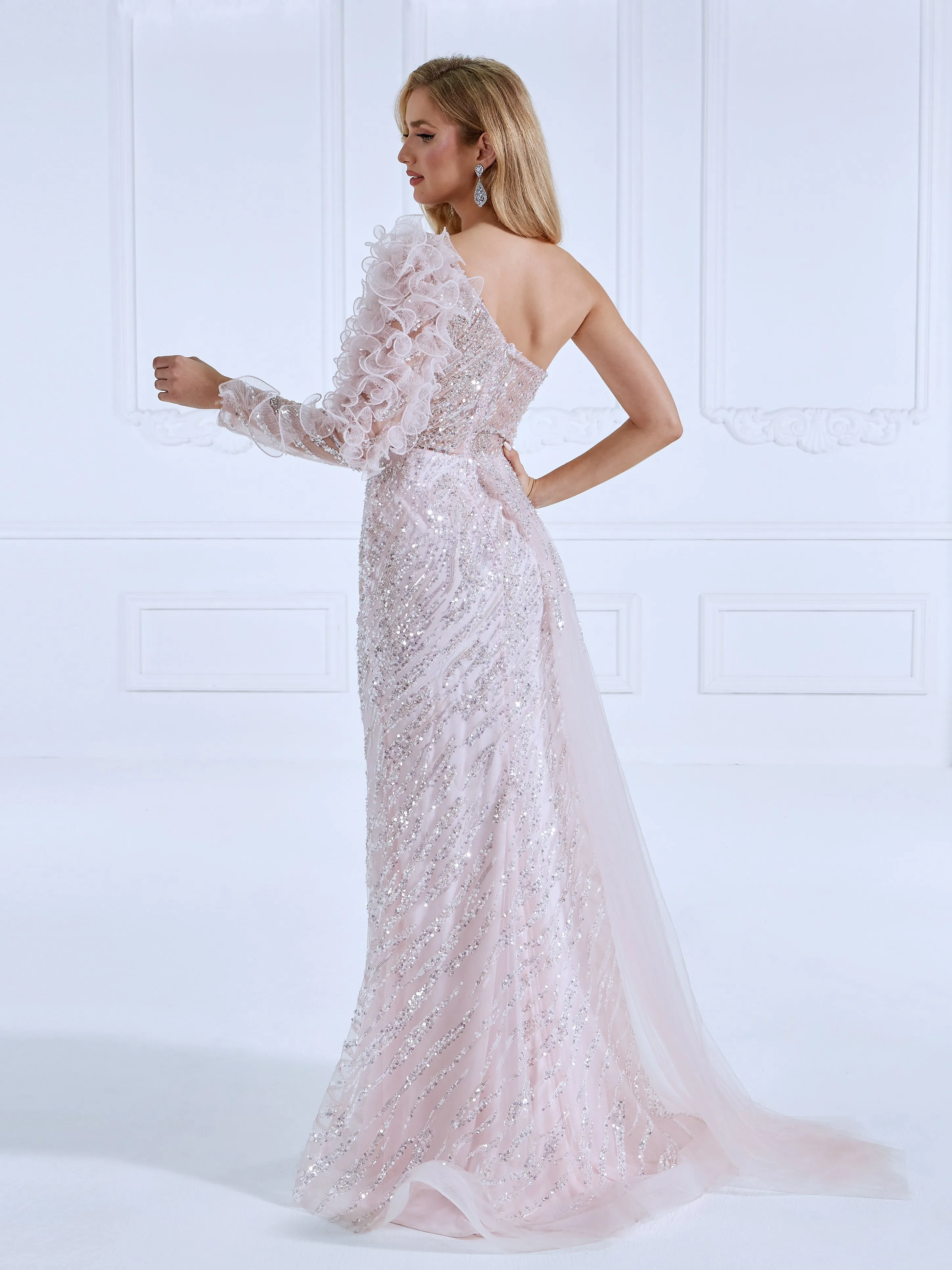 Trumpet/Mermaid One Shoulder Sweep Train Soft Pink Sequin Prom Dresses #18280