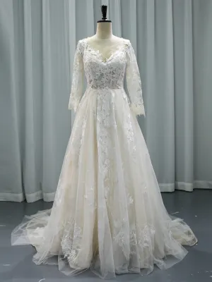 Unique Lace Wedding Dress Floral Embroidered Long Sleeves Bridal Gown #24015