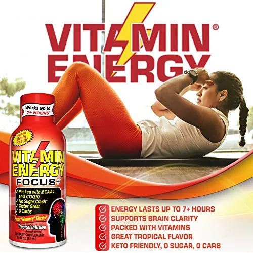 Vitamina Energy Shots – Focus  Infusión Tropical | Dura hasta 7   Horas* | Suplemento de energía BCAAs con soporte para el cerebro | Keto Bebida amigable 0 Carb, 0 Azúcar, 0 Calorías, 24 unidades