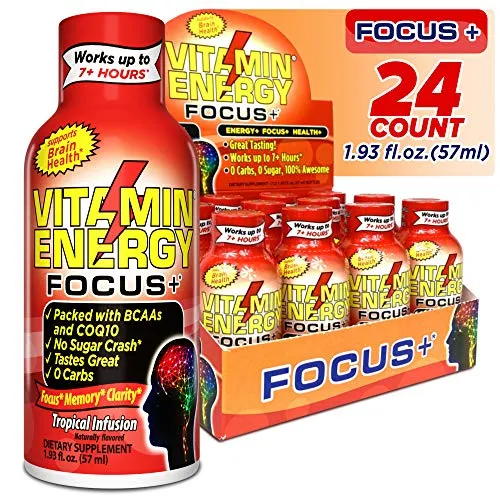 Vitamina Energy Shots – Focus  Infusión Tropical | Dura hasta 7   Horas* | Suplemento de energía BCAAs con soporte para el cerebro | Keto Bebida amigable 0 Carb, 0 Azúcar, 0 Calorías, 24 unidades