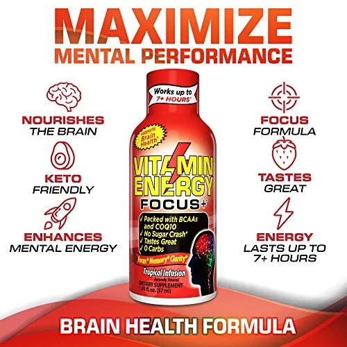 Vitamina Energy Shots – Focus  Infusión Tropical | Dura hasta 7   Horas* | Suplemento de energía BCAAs con soporte para el cerebro | Keto Bebida amigable 0 Carb, 0 Azúcar, 0 Calorías, 24 unidades