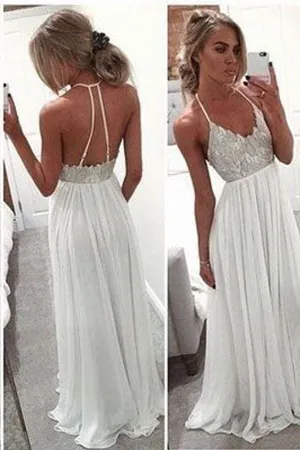 White A-Line Long Chiffon Prom Dresses,Spaghetti Strap Open Back Prom Gowns, M46