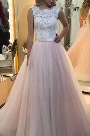 White Lace Pink Tulle A Line Long Prom Dress With Lace Back Up, M128