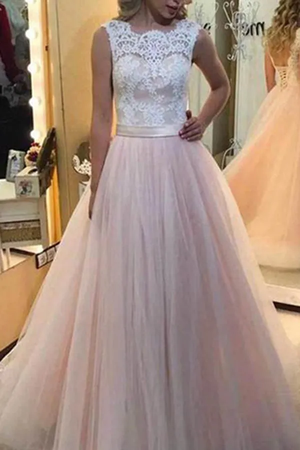 White Lace Pink Tulle A Line Long Prom Dress With Lace Back Up, M128