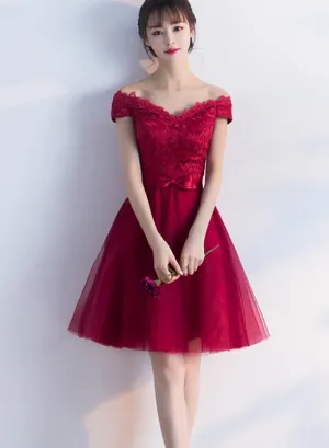 Wine Red Cheap Homecoming Dresses 2018, Off Shoulder Short Party Dress, Formal Dresses