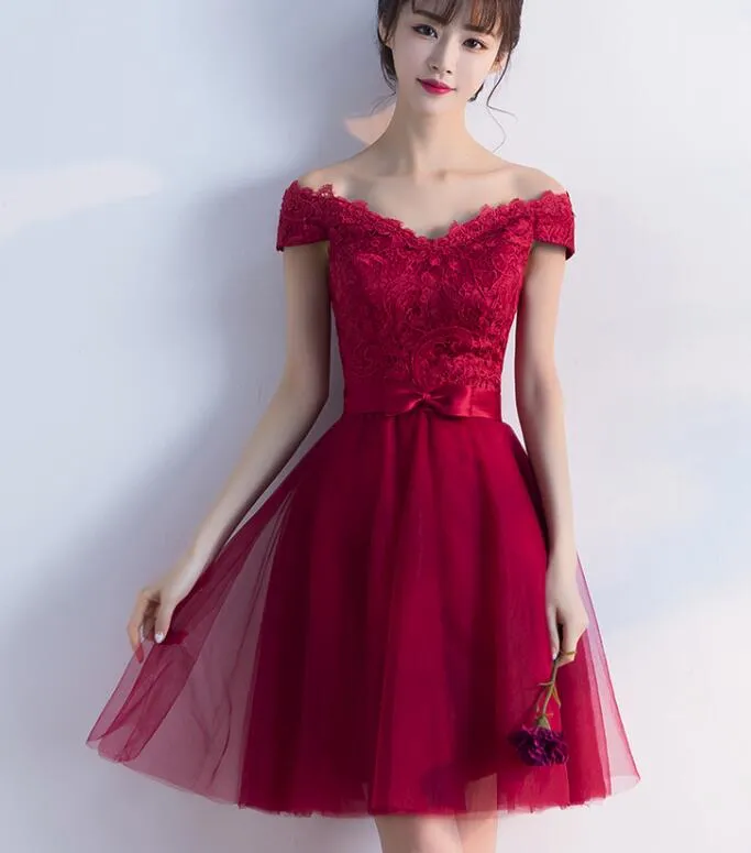 Wine Red Cheap Homecoming Dresses 2018, Off Shoulder Short Party Dress, Formal Dresses