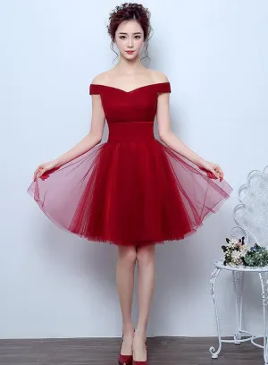 Wine Red Off Shoulder Party Dress, Tulle Short Formal Dress