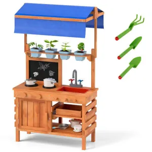 Wooden Pretend Play Kitchen with Height Adjustable Canopy for Kids-Natural - Col