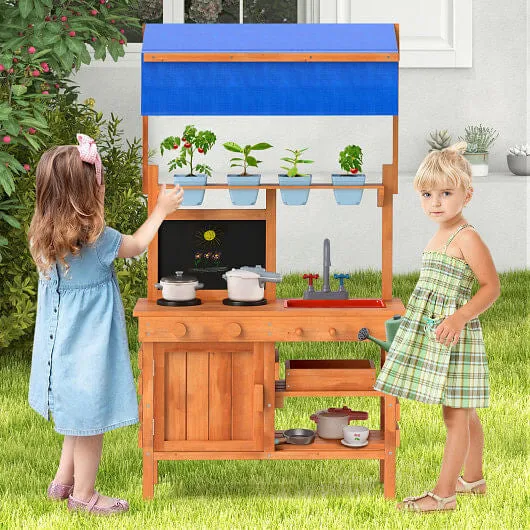 Wooden Pretend Play Kitchen with Height Adjustable Canopy for Kids-Natural - Col