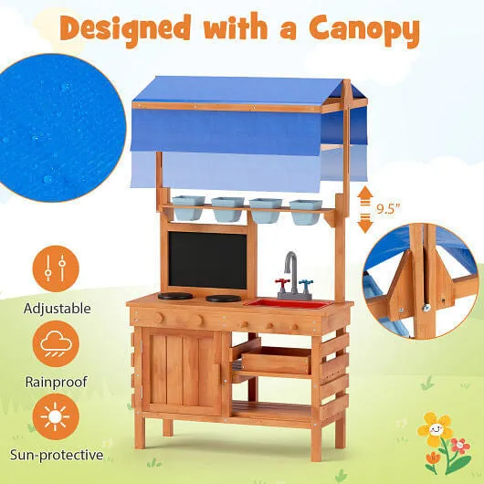 Wooden Pretend Play Kitchen with Height Adjustable Canopy for Kids-Natural - Col