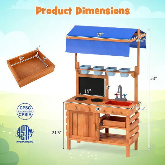 Wooden Pretend Play Kitchen with Height Adjustable Canopy for Kids-Natural - Col