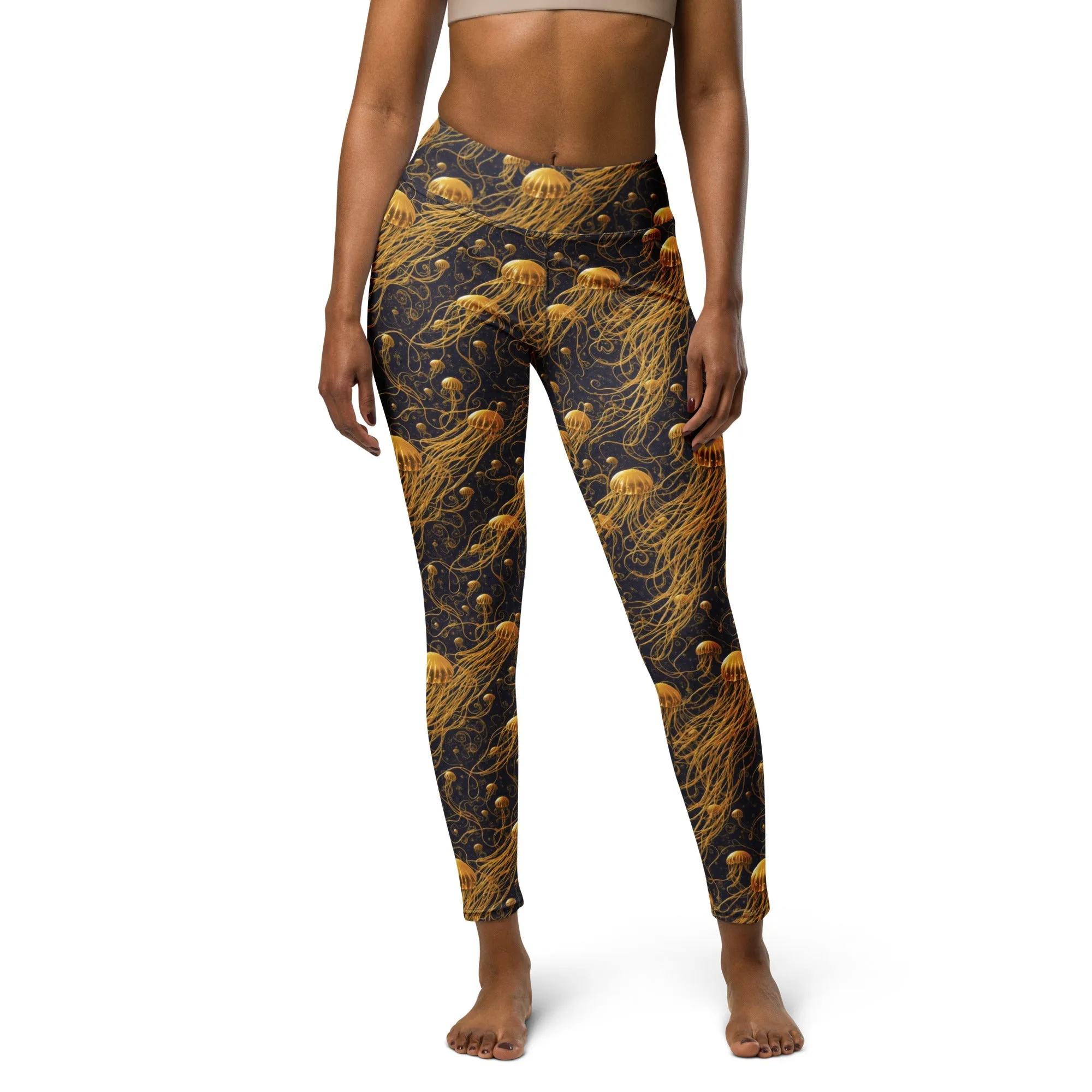 Yoga Leggings Black and Gold Jellyfishes